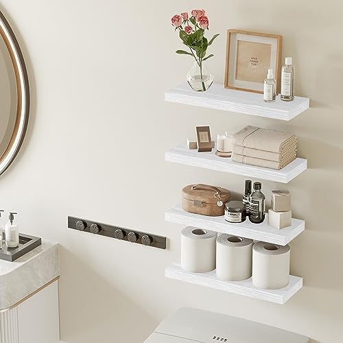 Fixwal White Shelves for Wall, 15.7in Rustic Wood Finish Floating Wall Shelves Set of 4, Shelves for Wall Decor, with Invisible Brackets for Bathroom, Living Room,Bedroom and Kitchen - color: White, size: 15.7in