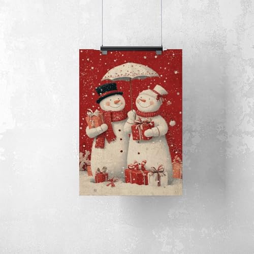 JDBeehpy Snowman Couple Holding Gifts Under Umbrella Frameless Canvas Print Poster Christmas Wall Artwork Painting Warm, Holiday Home Decor Mural 08x12inch(20x30cm) - color: Umbrella Unframe, size: 12L" x 8W"