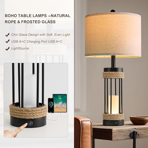 OYEARS 25" Table Lamps Set of 2 with Night Light, Rustic Bedside Lamps with USB C+A Charging Ports, Black Metal Lamp with Rope Accent and Frosted Glass, Farmhouse Lamps for Living Room Bedroom - color: Farmhouse Black