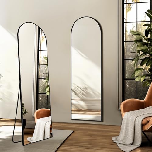 TRAHOME Arched Full Length Mirror, 56"x15" Standing Body Mirror for Wall, with Aluminum Alloy Frame for Bedroom, Living Room, Dressing Room(Black) - color: Matte Black, size: 56"L x 15"W