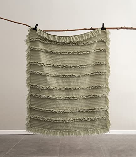 Ultra Soft Pre-Washed Quilted Throw Blanket, Ruffle Fringed Olive Green Decorative Throw, Sage Green Stone Washed Chic Rustic Blanket for Sofa Couch Bed, 50"x 60" - color: Green, size: 50"x60"