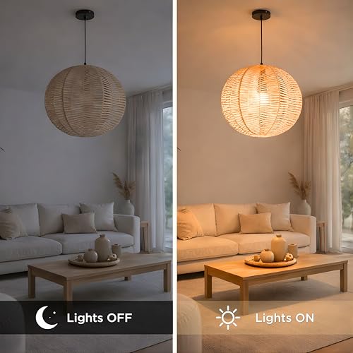 FOREVER BAMBOO Indonesian Hand-Woven Natural Rattan Pendant Light Fixture Circle Shape Woven Wicker Lampshade Chandelier Interior Decor, 15 in H x 15 in W - style: Bali Wave