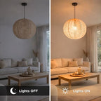 FOREVER BAMBOO Indonesian Hand-Woven Natural Rattan Pendant Light Fixture Circle Shape Woven Wicker Lampshade Chandelier Interior Decor, 15 in H x 15 in W - style: Bali Wave