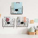 OYEAL Hanging Wall File Organizer Metal Wall File Holder 3 Pockets Mail Organizer Wall Mounted with Hooks for Office Home, Black