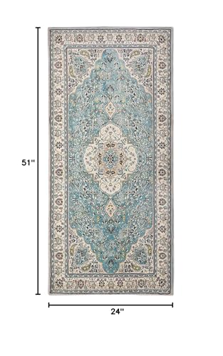 Lahome Felice Floral Medallion Area Rug - 2x4.3 Hallway Rug Runner Kitchen Sink Mat Turkish Faux Wool Non-Slip Washable Low-Pile Carpet for Indoor Laundry Bedroom Entrance Bathroom, Sky/Baby Blue - color: Sky/Baby Blue, size: 2' x 4'4" (Runner)