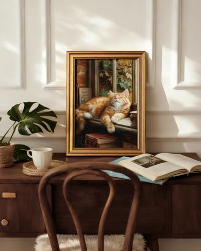 HUARCEY Gold Framed Canvas Wall Art, Book Cat Vintage Decor, Rustic Vintage Neutral Canvas Paintings Retro Table Desk Picturesfor Bathroom Bedroom Living Room, 12x16Inch - color: Book Cat, size: 16"L x 12"W