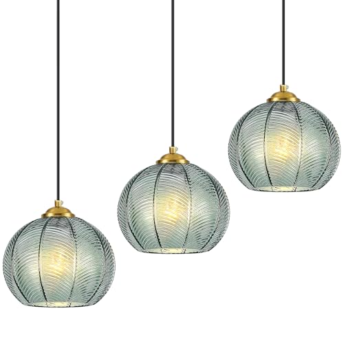 Mikeru 3-Pack Mint Glass Pendant Lights Kitchen Island Lighting Single Globe Pendant Light Fixtures Century Modern Kitchen Island Pendant Lighting for Bedroom Living Dining Room Light (Without Bulbs) - color: Mint-1 Light-3PC