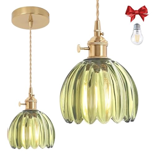 Green Tulip Glass Pendant Light, 1 Natural Light Bulb Included, Adjustable Cord with Switch, Suitable for Kitchen Island/Dining Room - color: Green 1pc Tulip Pendant Light