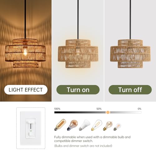 12.4” Boho Rattan Pendant Light Fixture for Dining Room, 1-Light Black Chandelier Farmhouse Rustic Hanging Lamp for Kitchen Island, Bedroom, Living Room, Entryway, Foyer, Hallway - color: Brown+Black Hardware, size: 12.4" 1-Light