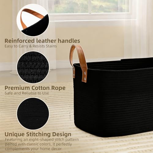 BOLDMONKEY 72L Laundry Basket with Leather Handles,Woven Cotton Rope Blanket Basket,Toy Bin for Baby Room,Laundry Hampers for Bedroom, Living Room,Bathroom,22"x17"x11.8" Black - color: Black, size: 72L
