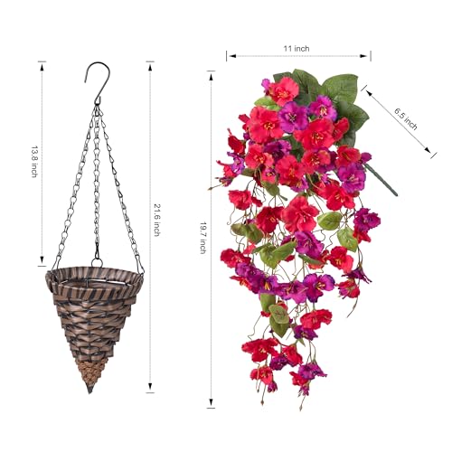 Artificial Fake Hibiscus Hanging Flowers Baskets for Outdoor Decoration, Faux Plants Silk Hibiscus Long Vines in Planter UV Resistant Realistic Flowers for Outside Porch Patio Home Decor, RedPurple - color: Redpurple