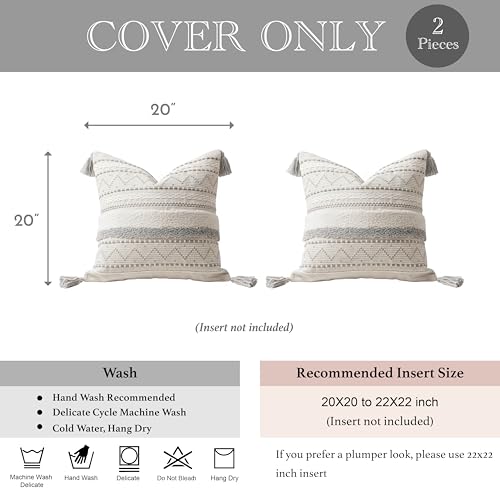 BlissBlush Gray Decorative Throw Pillow Covers 20x20 Combo Set of 2 Square Boho Neutral Grey Accent Pillowcase Tassels Farmhouse Cushion for Couch Sofa Bedroom Living Room Home Décor Cover ONLY - color: Gray, size: 20" x 20" (Pack of 2)