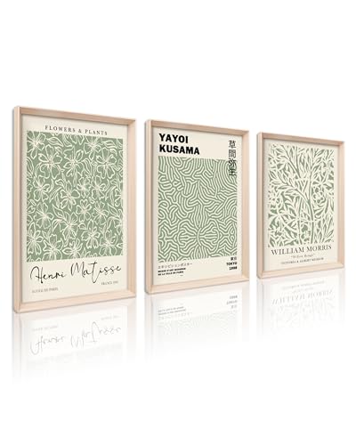 HesenDot Framed Matisse Sage Green Wall Art,William Morris Canvas Wall Decor,16x12IN High Framed Wood Design Prints,Minimalist Classic Decor Aesthetic for Living Room,Bedroom,Bathroom Set of 3 - color: Framed Green Canvas Art, size: 16"L x 12"W