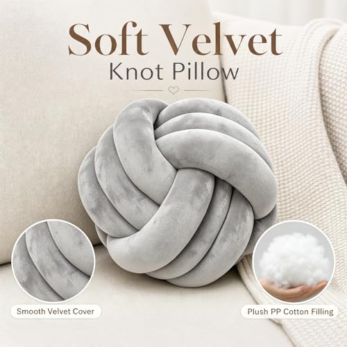 Petrella Knot Pillow, 8 Inch Light Gray Round Velvet Throw Pillow Ball Cushion, Machine Washable Soft Decorative Accent Pillow for Couch, Sofa, Bed, Home Decor - color: A1-light Gray, size: 8inch
