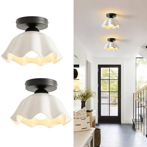 2 Pack Semi Flush Mount Ceiling Light - Flower Glaze Ceramic, Black Vintage Hallway Light Fixtures, White Globe Ceiling Lights, Mid Century Small Light Fixture for Cottage Entryway Laundry Room Foyer - color: Glaze Flower Ceramic-Black