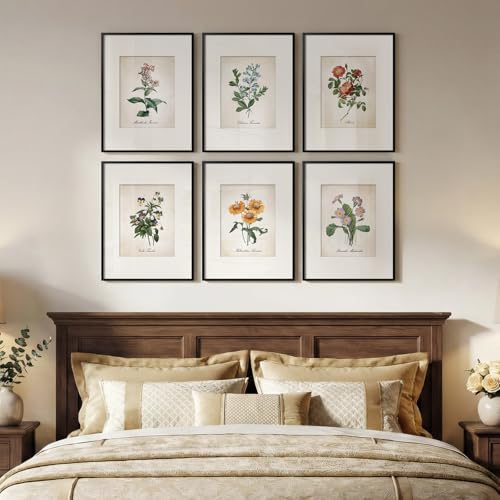 Framed Botanical Floral Wall Art, Set of 6 Vintage Wildflower Prints with Mat, Rustic Farmhouse Nature Flowers Artwork for Bedroom Living Room Hallway Dining Room Modern Neutral Home Decor, 11x14 In - color: Blooming - Black Framed, size: 11" W x 14" H x