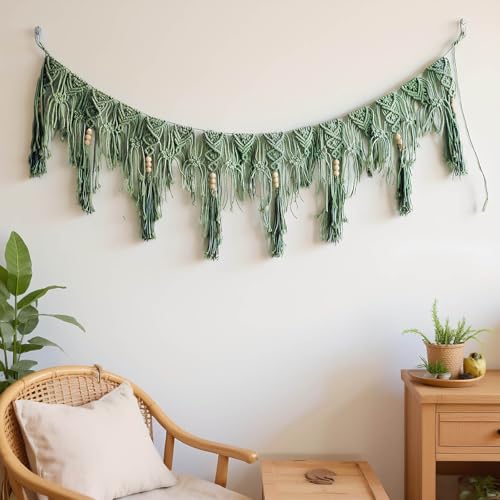 Boho Garland Banner, Macrame Hanging Fringe Tassel, Tassel Hanging decoation, Chic Handmade Boho Tassel for Home/Doorway/Window/Wedding etc Decoration Length X Highth 44"X12" (Green) - color: Green