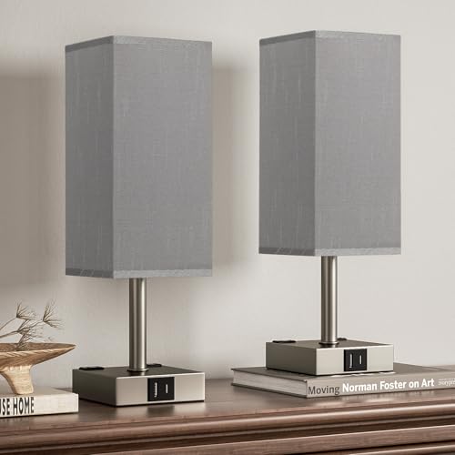 aooshine Dark Grey Touch Lamps Set of 2 - Nightstand Lamp with USB-C + A Charge Ports & AC Outlets, 3-Way Dimmable Bedside Lamp, Small Table Lamp Light for Bedroom (Bulb Included) - color: Grey-Grey