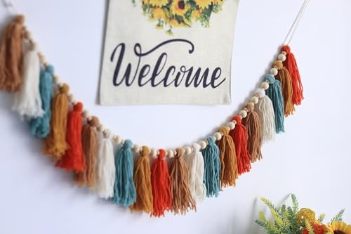 GIAUMA Burnt Orange Boho Yarn Tassel Garland with Wood Beads Earth Tone Wall Hanging Tassels Bunting Banner Nursery Decor for Classroom Baby Shower Birthday Kids Room Dorm Bedroom Decorations - color: Orange
