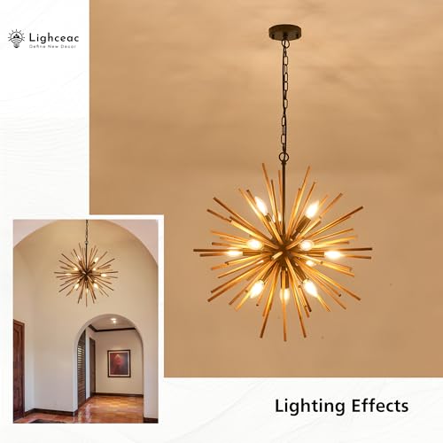 23.6" Farmhouse Sputnik Chandelier for Dining Room Rustic Handmade Natural Wood 12-Light Hanging Ceiling Pendant Light Fixture Starburst Wood Chandeliers for Kitchen Bedroom Foyer Hallway - size: Diameter 23.6", 12-Light
