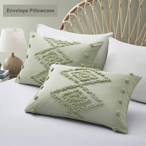 Oli Anderson Tufted Duvet Cover King Size, Soft and Lightweight Duvet Covers Set for All Seasons, 3 Pieces Boho Embroidery Shabby Chic Bedding Set (Mist Sage, King, 104"x90") - color: Mist Sage, size: King(104"×90")