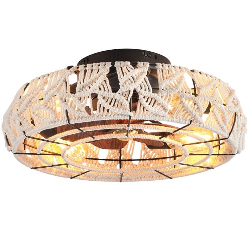 Boho Caged Ceiling Fans with Lights and Remote 20" Flush Mount 6-Speed Reversible Enclosed Low Profile Handmade Cotton Rope Ceiling Fan with Light 4 Bulbs,for Bedroom, Living Room, Kitchen - color: Cream Leaves