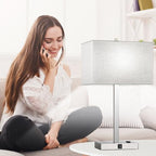 Lynnoland 21" Set of 2 Table lamp with USB A+C & AC Outlets, Touch Control 3-Way Dimmable Nightstand Lamps for Bedroom Living Room Office Reading, Gray Shade Touch Lamps, 5000K LED Bulbs Included - color: (2 Pack)Gray Linen & Brushed Nickel (Base)-5000K B