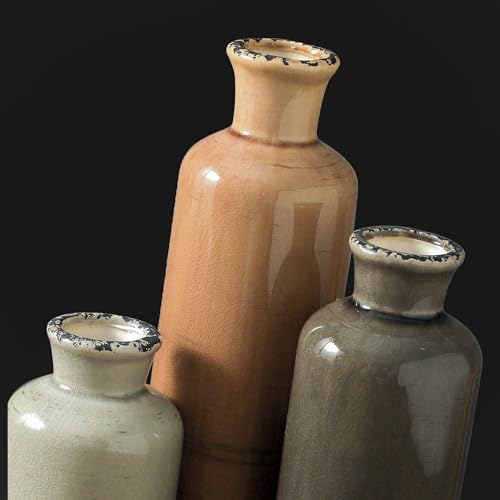 Ceramic Vase Set of 3, Neutral Flower Vases Home Decor, Pottery Rustic Farmhouse Decorative Vases Modern Decor for Table Mantel Entryway Bookshelf Living Room Kitchen Bedroom - Brown - color: 007 Rustic - Brown