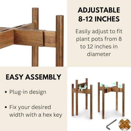 Fox & Fern Adjustable Tall Plant Stand Indoor — 8 to 12 Inch Mid Century Bamboo Plant Stand with Adjustable Width - Plug In Design - Easy to Assemble - Two Heights - For 8, 9, 10, 11 & 12 In Pots - color: Polished Bamboo - Mid, size: 8 - 12 Inch - Adjusta