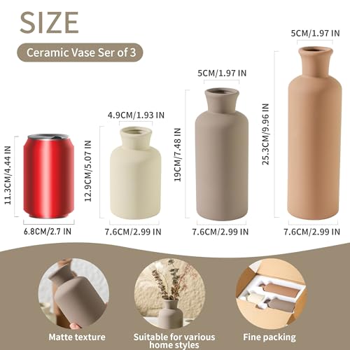 Ceramic Vase Set of 3, Flowers Neutral Modern Vases Home Decor Rustic Farmhouse Decor Pampas Vase for Table Mantel Entryway Shelf Living Room Kitchen Bathroom - Brown - color: 007-brown