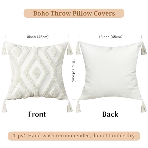Boho Throw Pillow Covers 18x18 Inch with Tassels, White Tufted Square Bohemian Decorative Pillow Covers Set of 1, Farmhouse Woven Cushion Cases for Couch Sofa Bed Living Room Home Decor - color: Ivory Geo Tufted