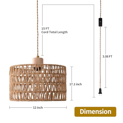 Plug in Pendant Light with Hand Woven Rattan Lampshade, Hanging Lamp with 15 FT Rope Cord On/Off Switch, Boho Pendant Light Fixture for Living Room Bedroom Kitchen Island Dinning Table - color: Brown