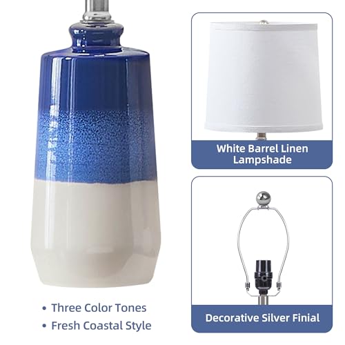 EUO 20.5" Ceramic Blue Lamps for Nightstand Set of 2, Blue Table Lamps for Living Room Set of 2, Coastal Table Lamp for Bedroom with White Barrel Lampshade, Blue White Ceramic Lamp for Small Space - color: Navy Blue-S