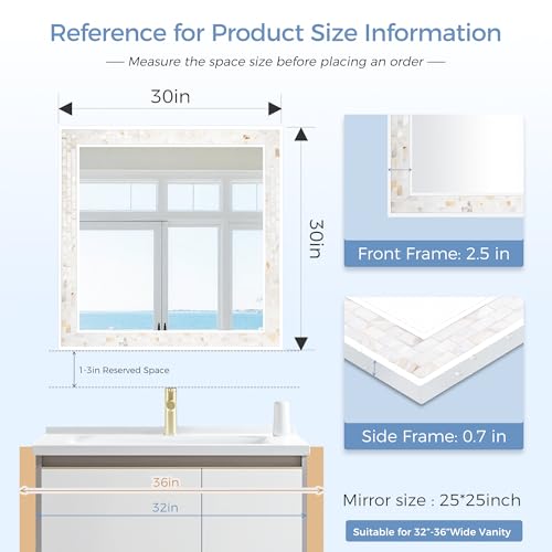 Tanmicoshomy 30 x 30 Inch White Square Bathroom Mirror, Natural Shell Framed Rectangular Mirrors for Bathroom Bedroom, Living Room, Entryway, Wall Mounted Horizontal or Vertical Hanging - color: White C, size: 30"L x 30"W