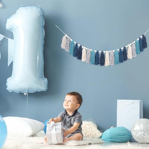 GIAUMA Navy Blue Yarn Tassel Garland with Wood Beads Boho Coastal Wall Hanging Tassels Bunting Banner for Nursery Classroom Kids Room Bedroom Baby Shower Birthday Party Dorm Office Wedding Decor - color: Blue