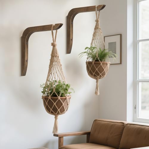 USION Wooden Plant Hangers Indoor Wall Mount, 8.6-Inch Hanging Plant Hooks for Wall, Basket Hooks for Lanterns, Flower Bracket, Wind Chimes, Light, Bird Feeders Decoration (Brown 4PCS) - color: Brown 4PCS