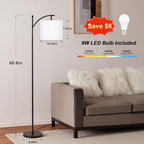 Ambimall 60" Floor Lamp with 3 Color Temperatures, Adjustable White Shade, Black Pole - Tall Lamp for Living Room, Bedroom, Office, Classroom, Dorm - 9W Bulb Included - color: White & Black
