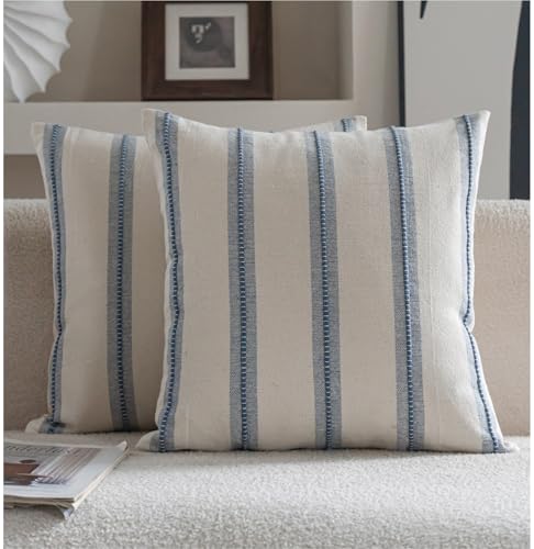 Cethom Boho Throw Pillow Covers 22x22 Set of 2, Beige and Blue Striped Decorative Pillow Cases for Couch Chair Bed, Textured Farmhouse Accent Cushion Covers for Living Room Bedroom Sofa Home Decor - color: Classic Blue, size: 22" x 22" (Pack of 2)