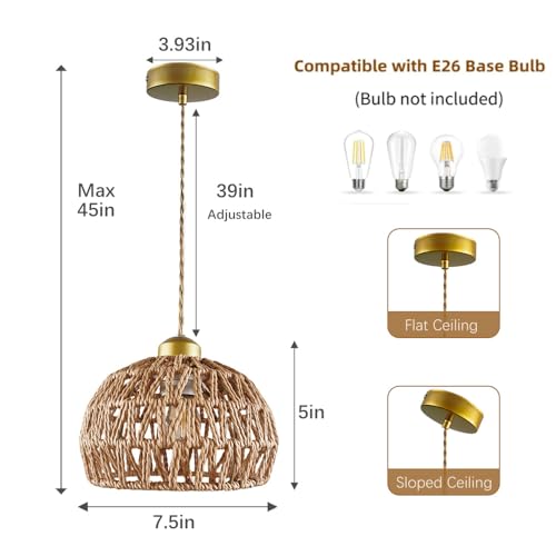 Boho Rattan Pendant Light, Adjustable Hanging Light Fixture with Natural Woven Shade, E26 Base Compatible for Kitchen Island, Bedroom, Living Room (Bulb Not Included) - color: 7.5”hemispherical shaped