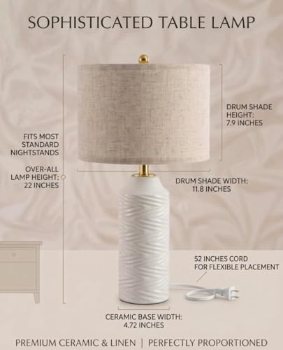 White Table Lamps Set of 2, 22" Ceramic Bedside Lamps for Bedroom - Nightstand Lamp Set of 2 with Linen Shade, Modern Farmhouse Side Table Lamps for Living Room, Rotary Switch, E26 Base