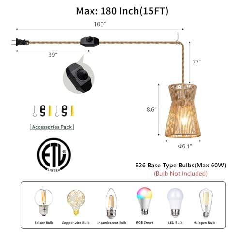 15ft Plug in Pendant Light with Cord Dimmable Switch Rattan Hanging Lamp with Hand Woven Wicker Plug in Chandelier Boho Hanging Lights Fixture for Bedroom Kitchen Hallway Foyer - size: Plug 1 Light