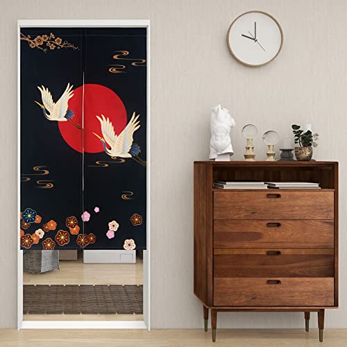 LIGICKY Noren Doorway Curtain Japanese Style White Cranes Red Sun Gold Colourful Cherryblossom Printed Cotton Linen Window Treatment Door Tapestry for Home Decoration 33.5" Width x 59" Long - color: Cranes Flowers Sun, size: 33.5"W x 59"L (Pack of 1)