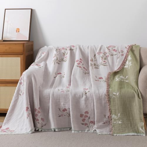 Lemfux 4-Layer 100% Cotton Muslin Cooling Blanket, Boho Floral Gauze Throw with Fringe, Ultra Soft Breathable Lightweight Bedspread Coverlet for Bed Sofa Couch (White-Green Floral, 60"x80") - color: White-green Floral, size: 60"x80"
