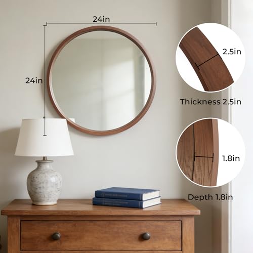 WallBeyond 24 Inch Round Wood Mirror, Circle Wooden Frame Wall Mirror for Bathroom, Living Room, Bedroom, Entryway (Walnut) - color: Walnut, size: 24"L x 24"W
