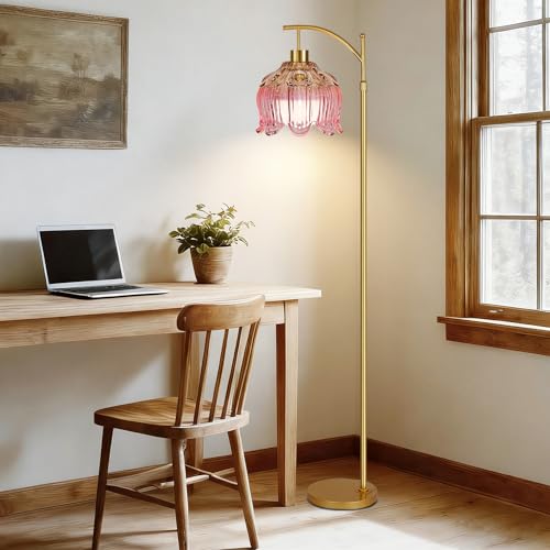 QIYIZM Pink Floor Lamp for Living Room,Bedroom,Glass Gold Dimmable Standing Lamp with Remote,Mid Century Modern Brass Tall Lamp Boho Floor Lamps Arc Stained Tulip Flower Floor Light Lamp Bohemian - size: 30-Floor Lamp