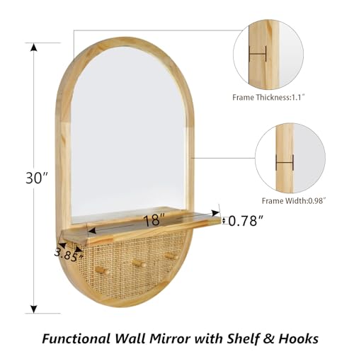 Wood Wall Mirror with Hooks and Shelf, 30x18 Inch, Oval | Boho Style, Removable Shelf, Solid Wood Framed, Handmade Rattan Decor, For Entryway, Bathroom, Nursery, Bedroom, Living Room