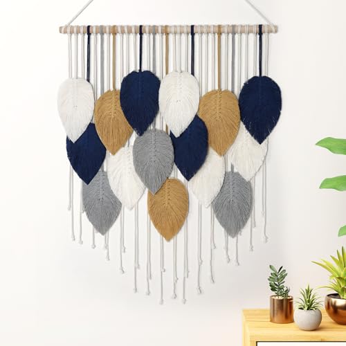 Alynsehom Macrame Wall Hanging, Boho Handmade Woven Leaf Tapestry, Chic Wall Art Decor for Bedroom Living room Nursery Apartment Ornament (23.6" W x 29.5" L) - color: Dark Blue-23.6"W x 29.5"L