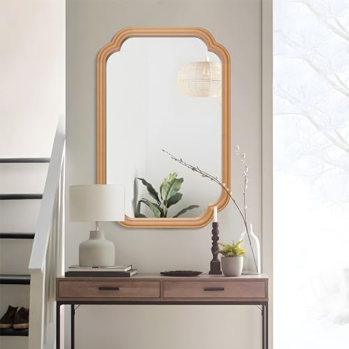 Ferytange Wood Mirror for Bathroom, 20" x 30" Rectangular Wall Mirror for Bathroom Vanity with Wooden Frame Farmhouse Rounded Corner Wall Mirror Decor (Horizontal/Vertical) - color: Natural Wood, size: 30"L x 20"W