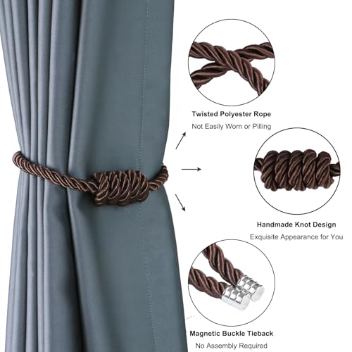 BEL AVENIR Magnetic Curtain Tiebacks, Decorative Drapery Holdbacks Modern Woven Tie-Backs with Exquisite Knot (Coffee, 6 Pack) - color: Coffee, size: 6 Pack