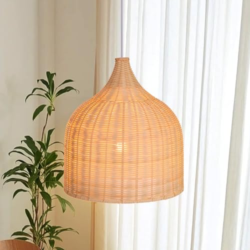 Arturesthome 1 Light Rattan Woven Pendant Light 13.78in Handmade Ceiling Lighting Fixture Chandelier Hanging Lamp Lampshade for Kitchen Island Dining Room Hallway Foyer
